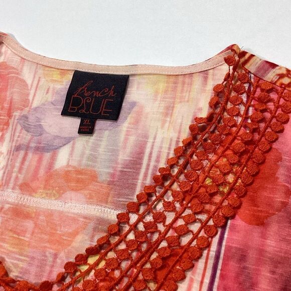 French Blue Brand Tunic Orange Floral Lightweight High Low Orange Crochet Front - Picture 7 of 11